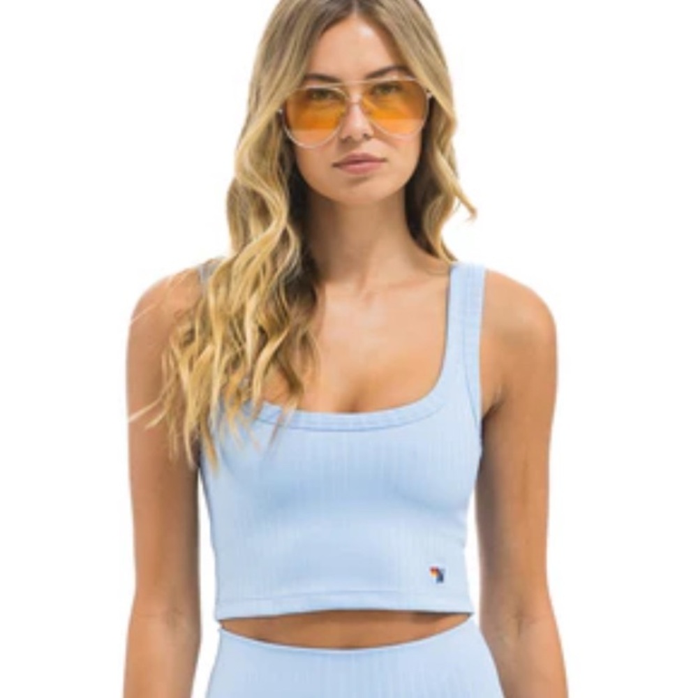 aviator nation sky Blue Ribbed Crop Top - small
